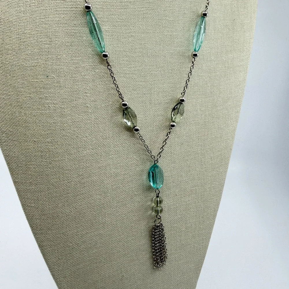 Necklace Turquoise Tone Green Bead Y Drop Silver Tone Chain Tassel Statement